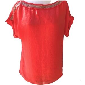 Ann Taylor LOFT Coral embellished Bateau neck blouse silky sheer women’s Small